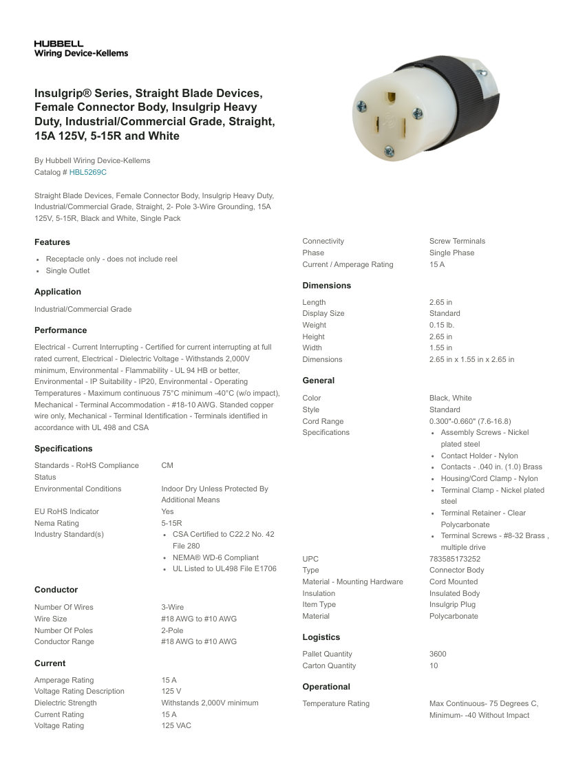 Hubbell Wiring Device-Kellems WDK_CA-HBL5269C cut sheet — first page