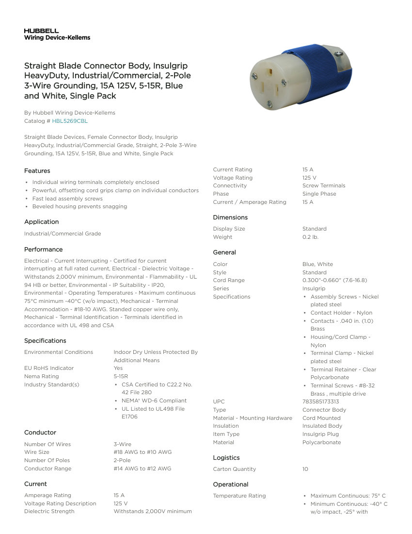 Hubbell Wiring Device-Kellems WDK_CA-HBL5269CBL cut sheet — first page