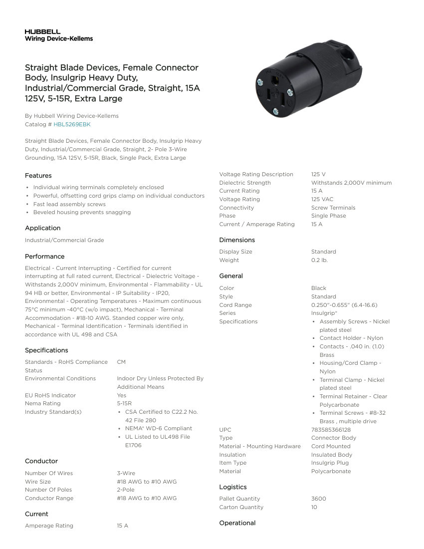 Hubbell Wiring Device-Kellems WDK_CA-HBL5269EBK cut sheet — first page