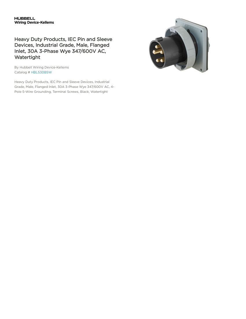 Hubbell Wiring Device-Kellems WDK_CA-HBL530B5W cut sheet — first page