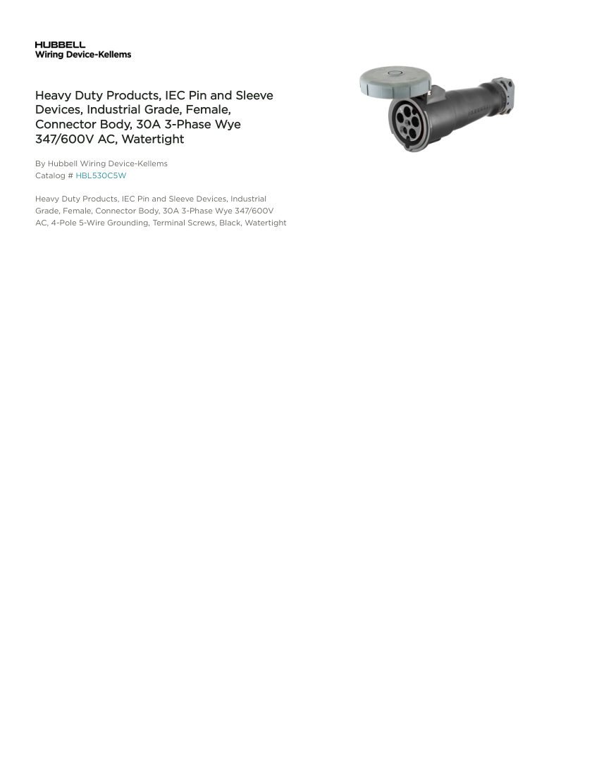 Hubbell Wiring Device-Kellems WDK_CA-HBL530C5W cut sheet — first page