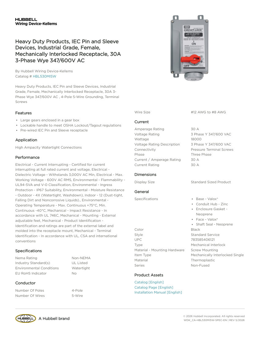 Hubbell Wiring Device-Kellems WDK_CA-HBL530MI5W cut sheet — first page