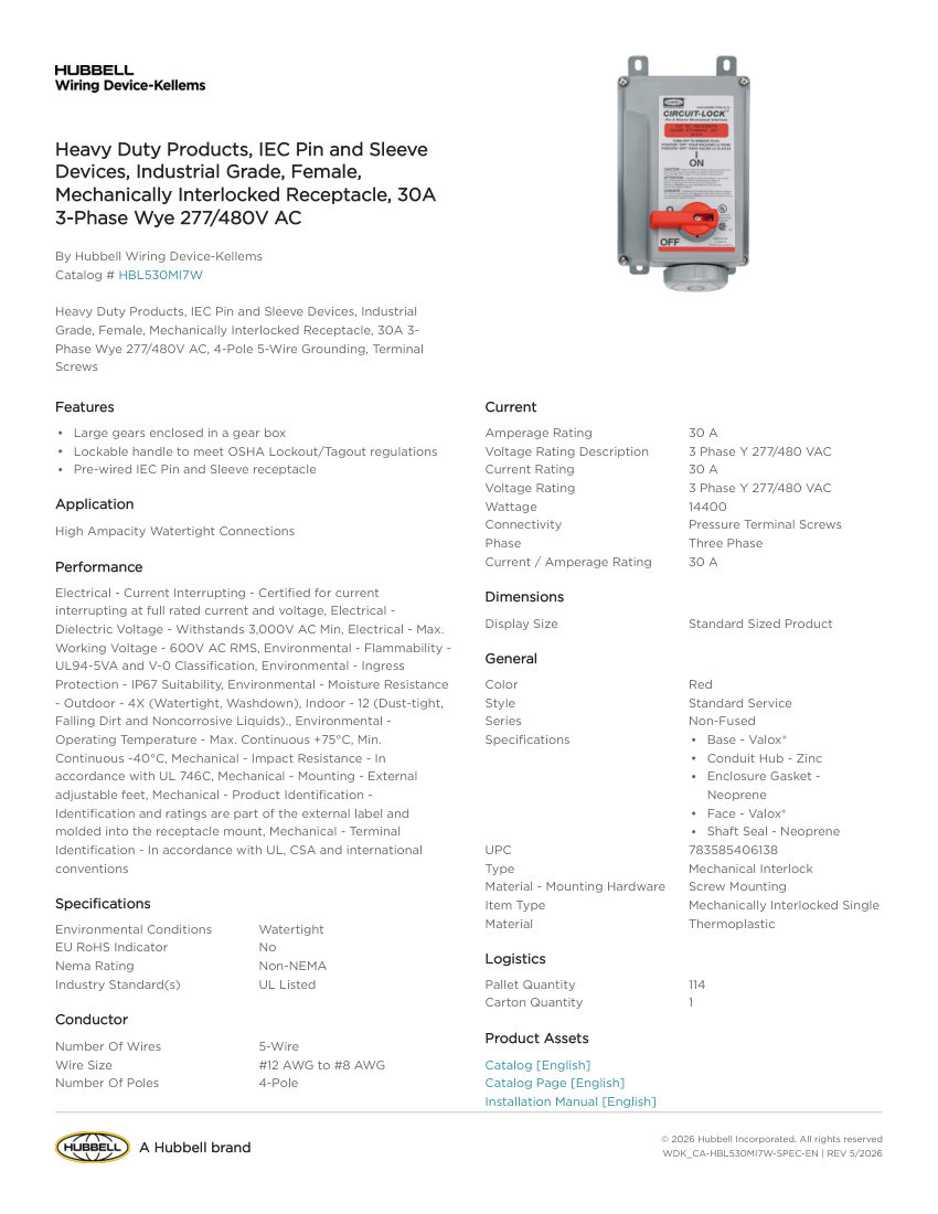 Hubbell Wiring Device-Kellems WDK_CA-HBL530MI7W cut sheet — first page