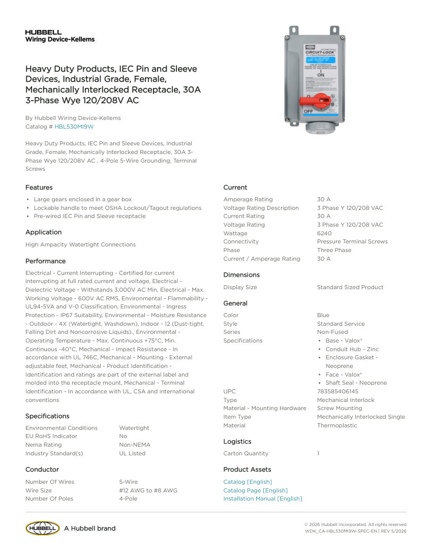 Hubbell Wiring Device-Kellems WDK_CA-HBL530MI9W cut sheet — first page