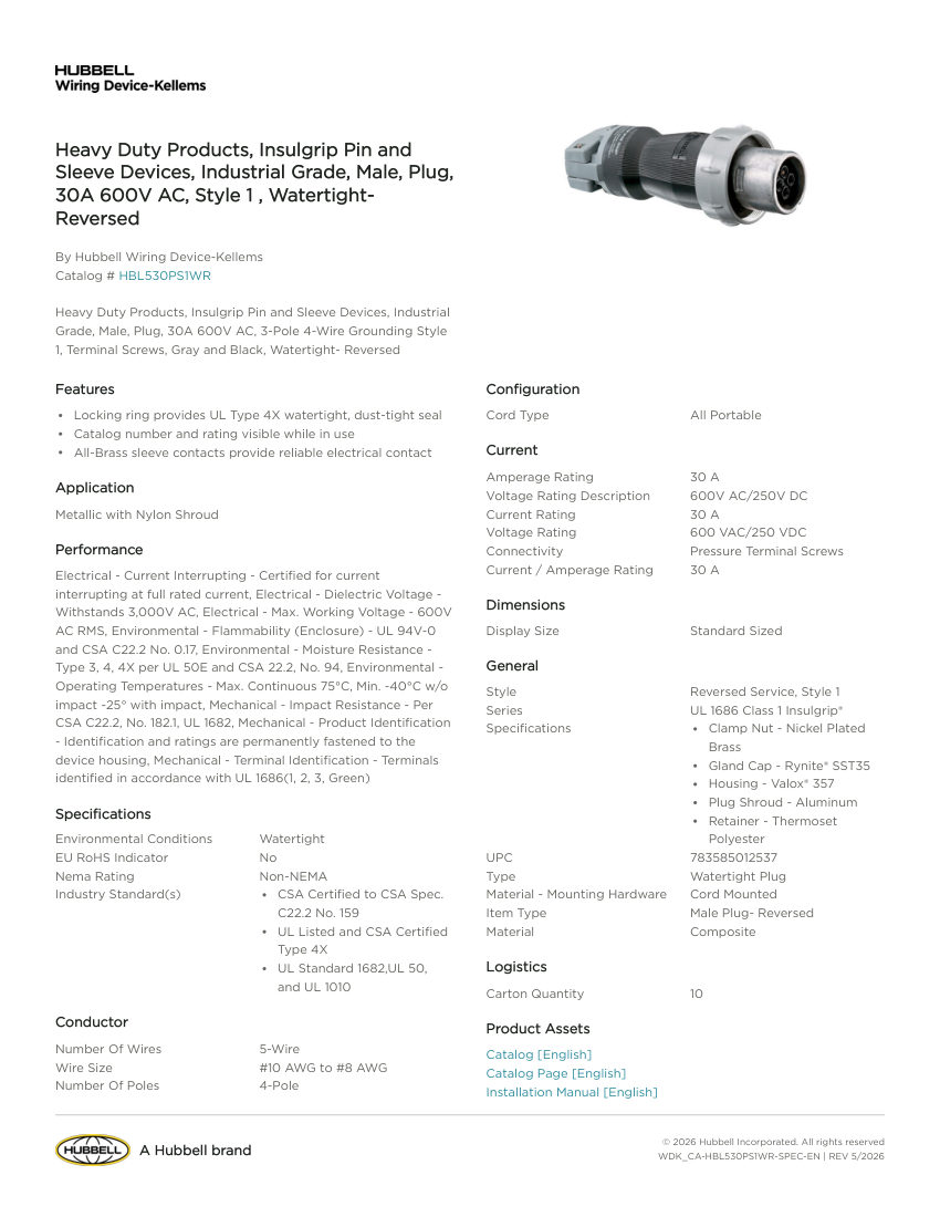 Hubbell Wiring Device-Kellems WDK_CA-HBL530PS1WR cut sheet — first page
