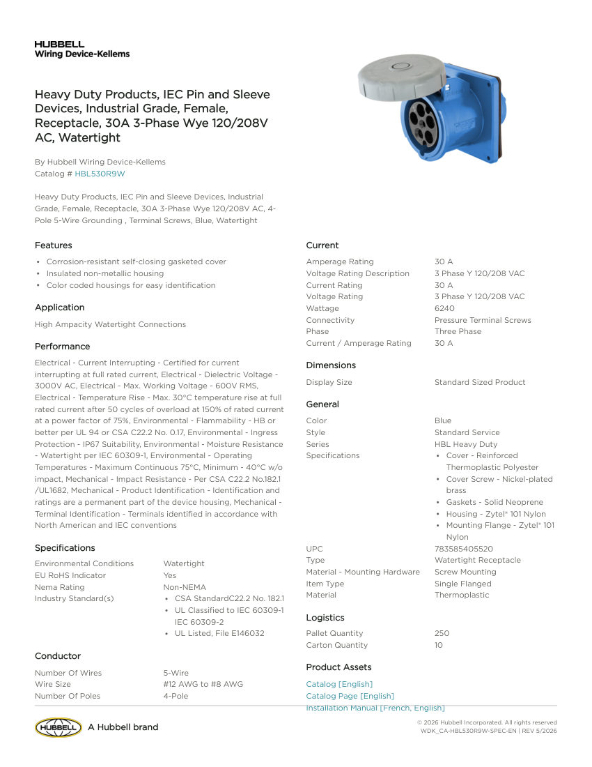 Hubbell Wiring Device-Kellems WDK_CA-HBL530R9W cut sheet — first page