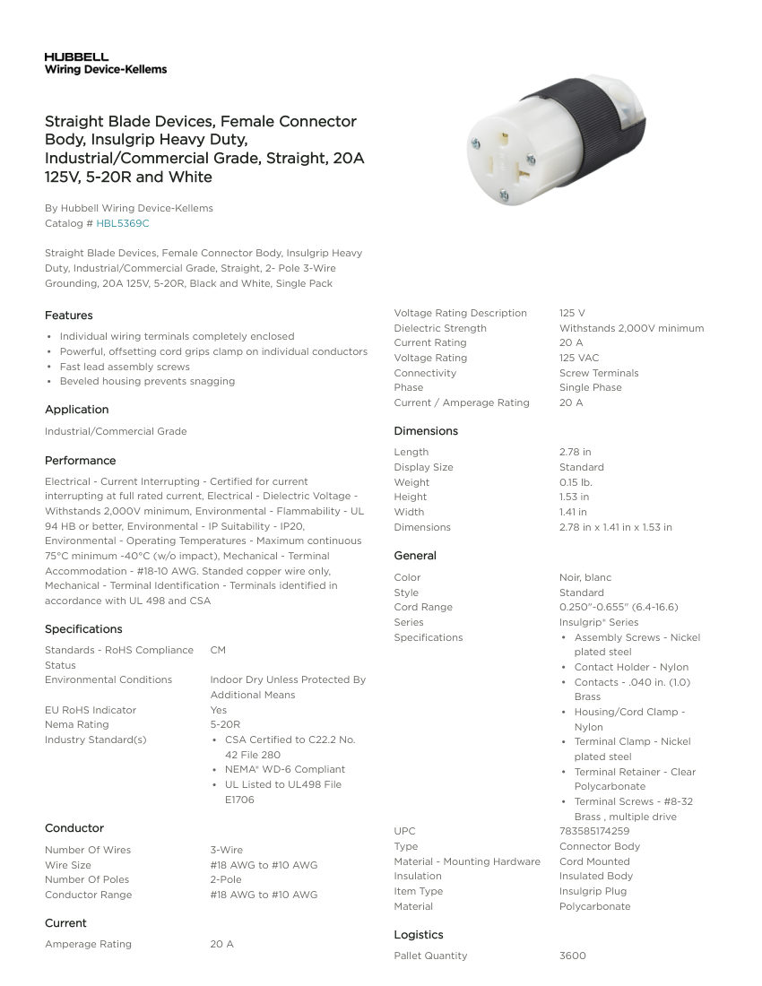 Hubbell Wiring Device-Kellems WDK_CA-HBL5369C cut sheet — first page