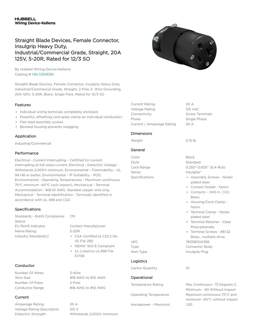 Hubbell Wiring Device-Kellems WDK_CA-HBL5369EBK cut sheet — first page