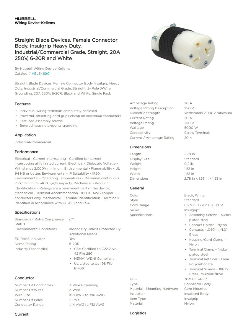 Hubbell Wiring Device-Kellems WDK_CA-HBL5469C cut sheet — first page