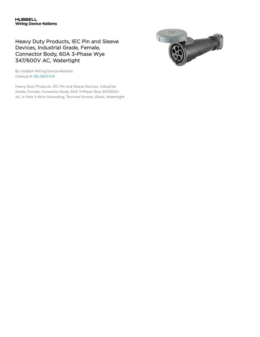 Hubbell Wiring Device-Kellems WDK_CA-HBL560C5W cut sheet — first page