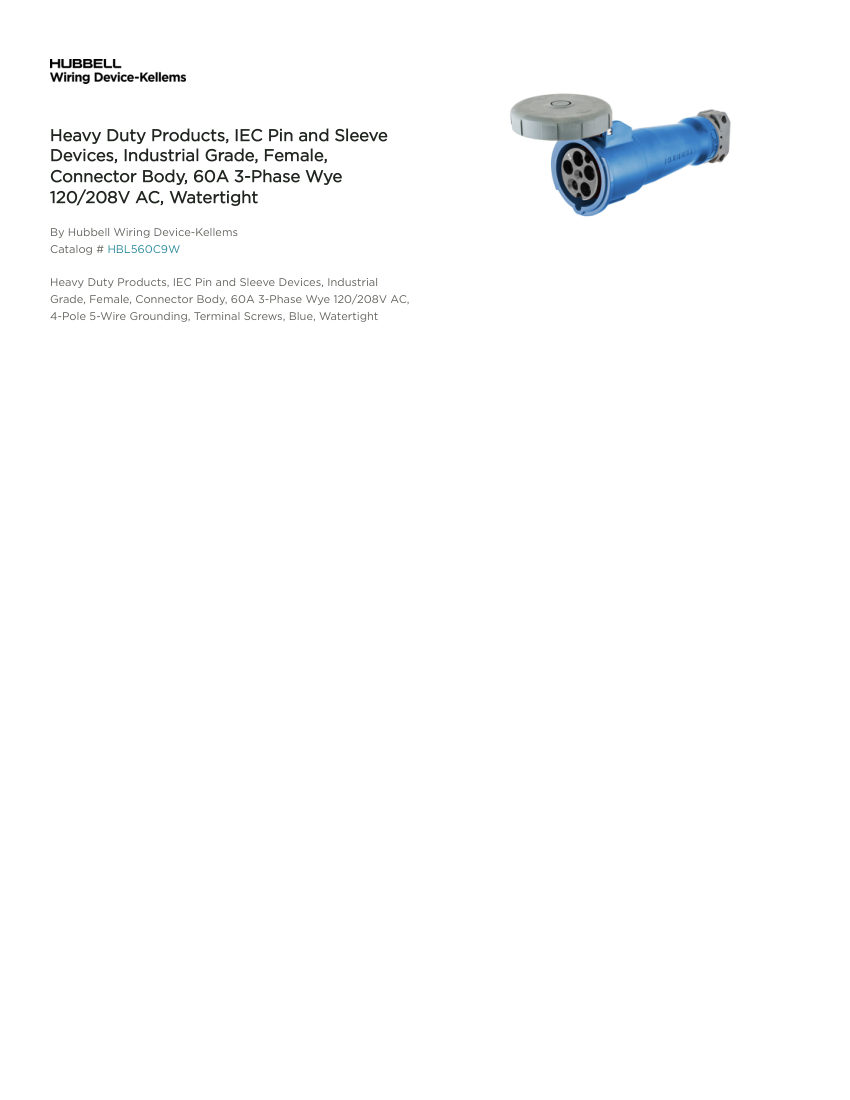 Hubbell Wiring Device-Kellems WDK_CA-HBL560C9W cut sheet — first page