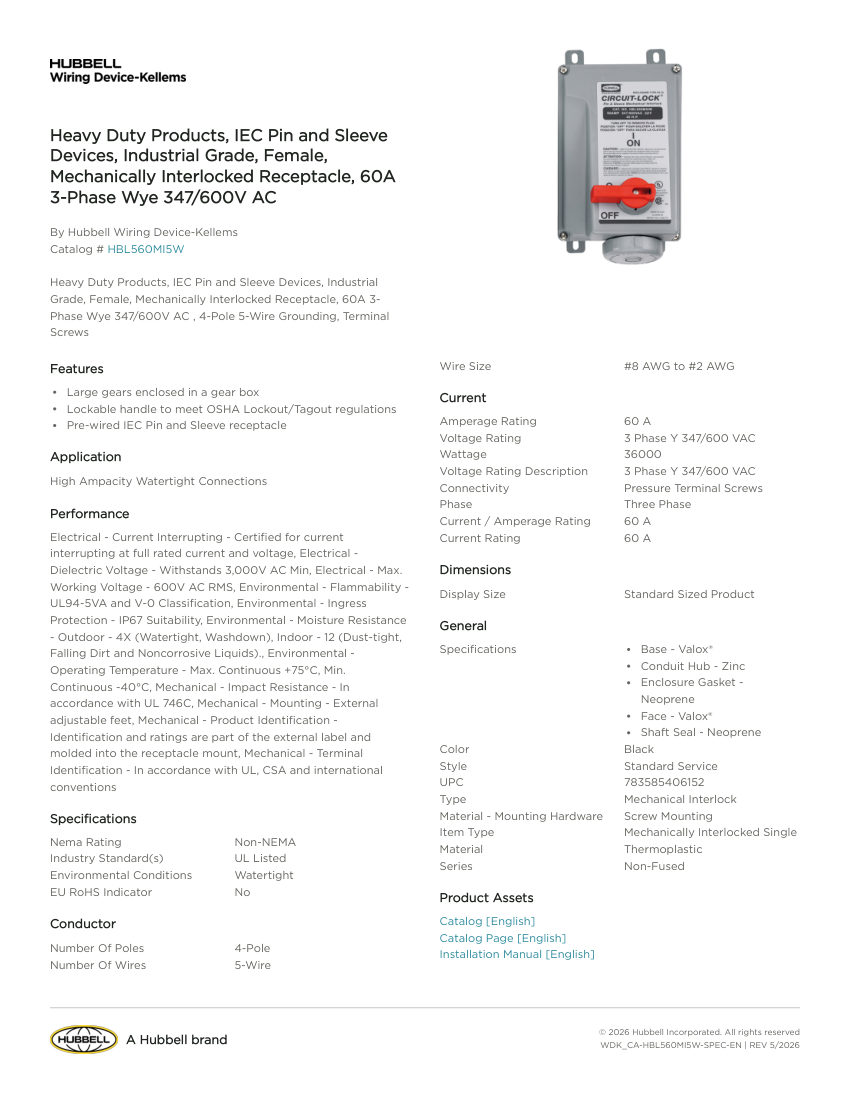 Hubbell Wiring Device-Kellems WDK_CA-HBL560MI5W cut sheet — first page