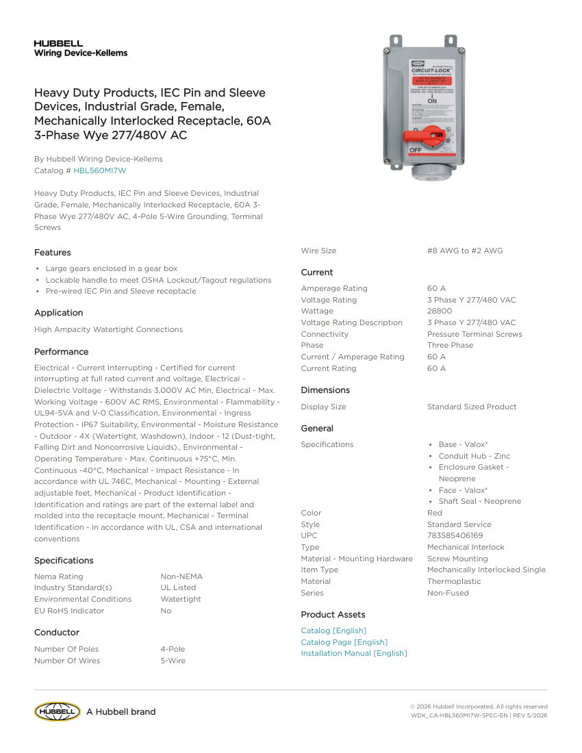 Hubbell Wiring Device-Kellems WDK_CA-HBL560MI7W cut sheet — first page