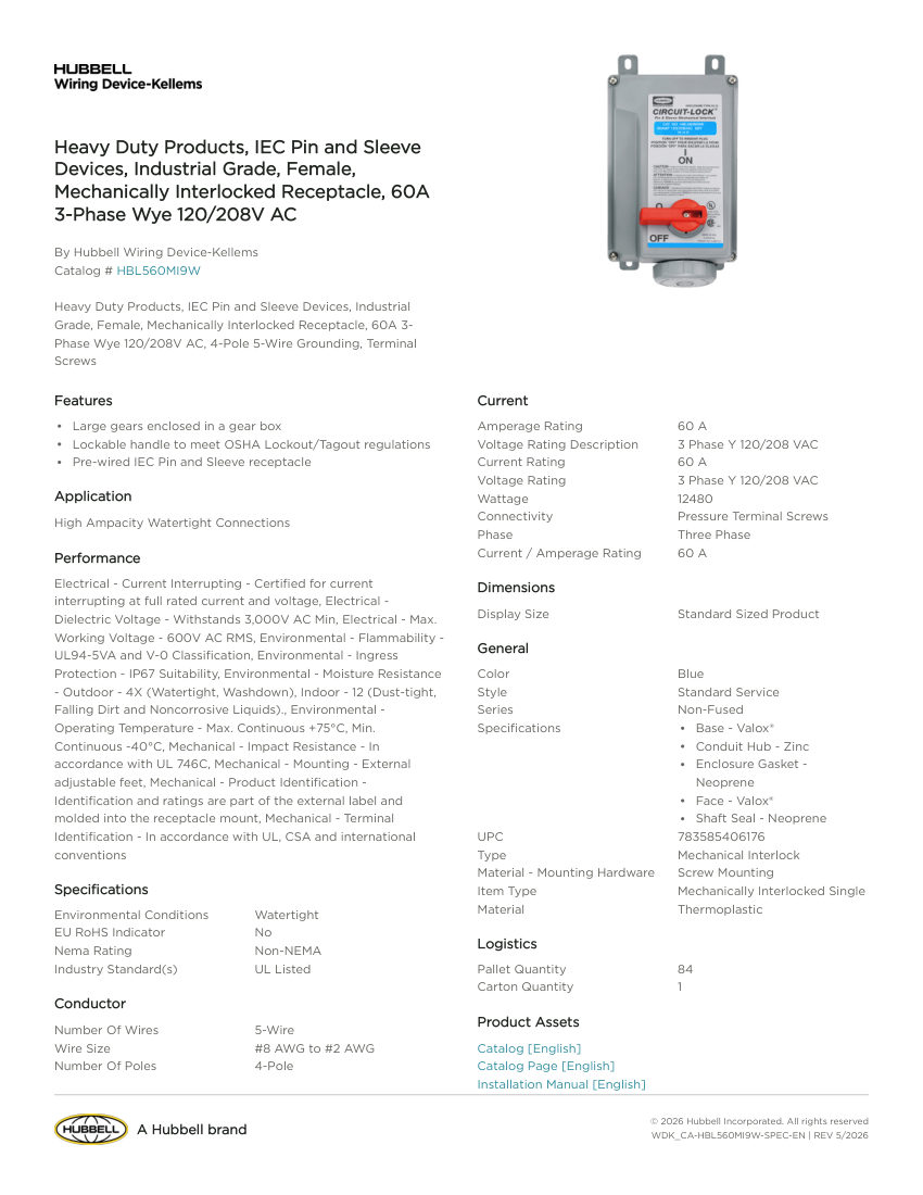 Hubbell Wiring Device-Kellems WDK_CA-HBL560MI9W cut sheet — first page