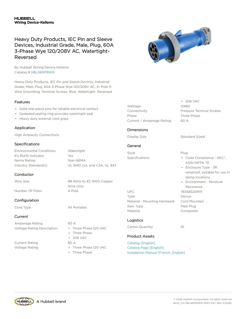 Hubbell Wiring Device-Kellems WDK_CA-HBL560P9WR cut sheet — first page