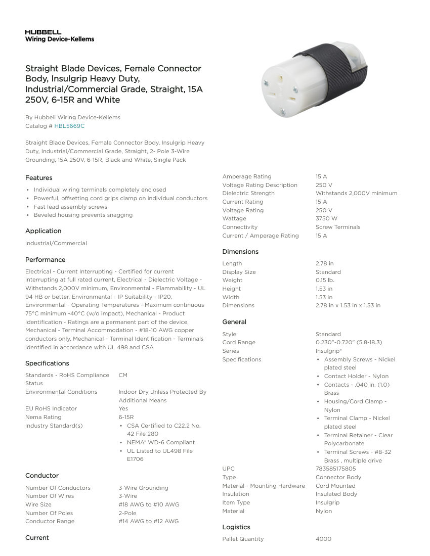 Hubbell Wiring Device-Kellems WDK_CA-HBL5669C cut sheet — first page
