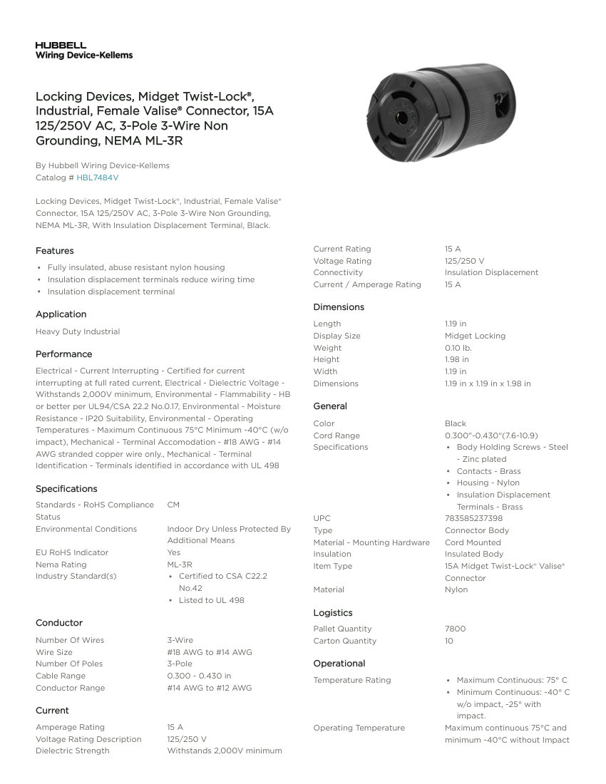 Hubbell Wiring Device-Kellems WDK_CA-HBL7484V cut sheet — first page