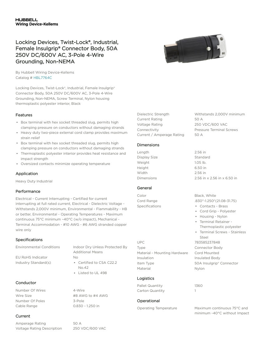 Hubbell Wiring Device-Kellems WDK_CA-HBL7764C cut sheet — first page