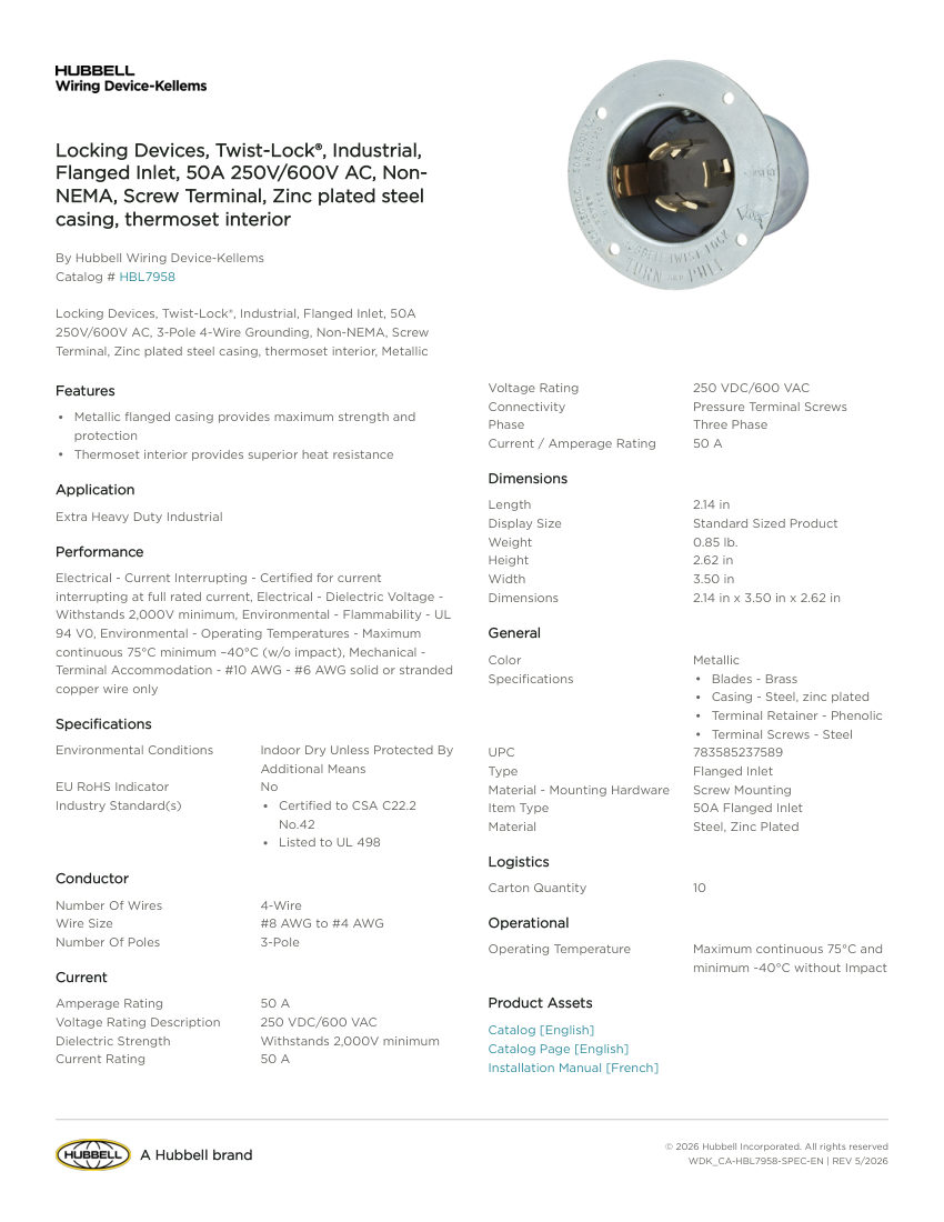 Hubbell Wiring Device-Kellems WDK_CA-HBL7958 cut sheet — first page