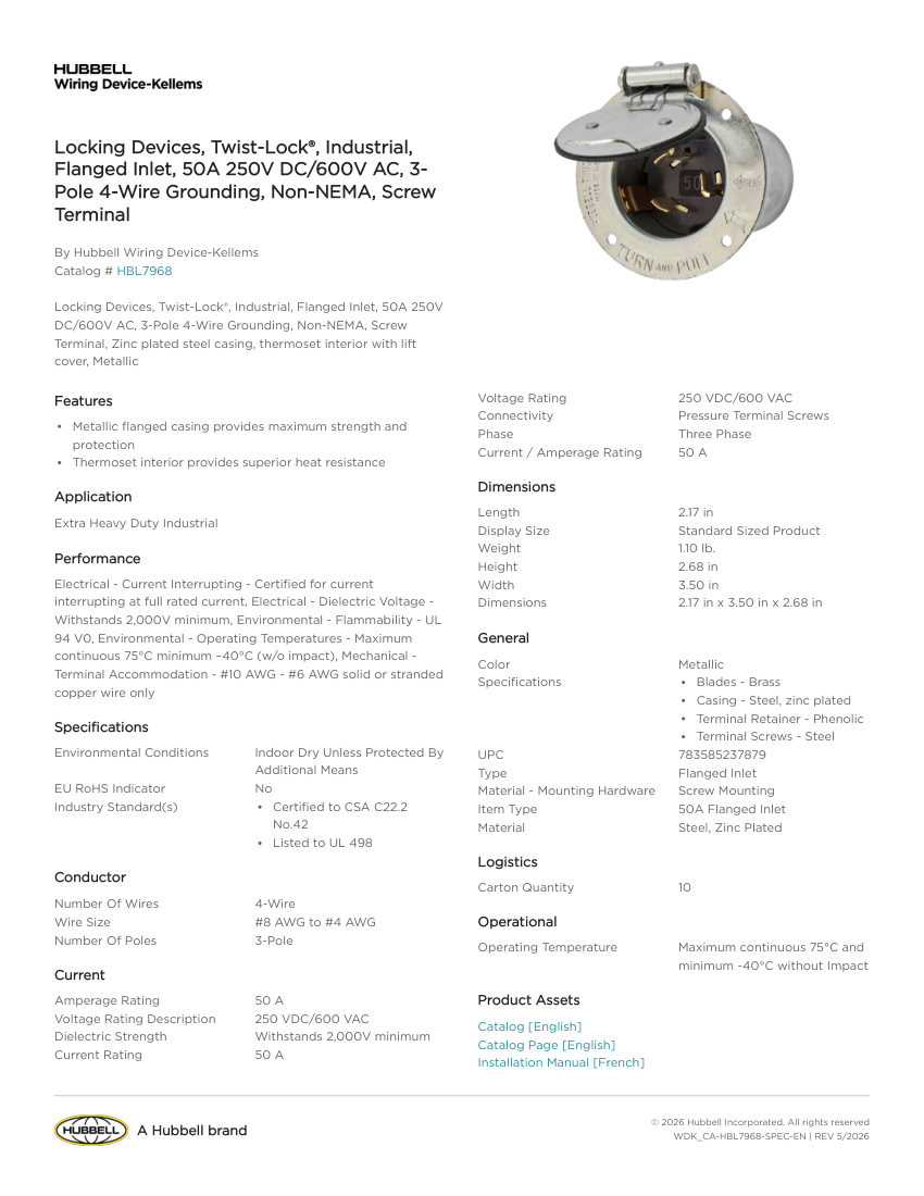 Hubbell Wiring Device-Kellems WDK_CA-HBL7968 cut sheet — first page