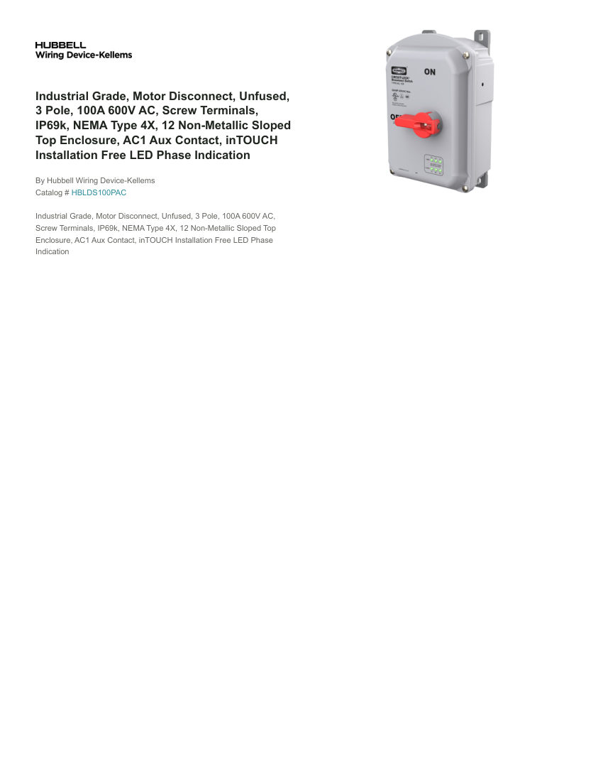 Hubbell Wiring Device-Kellems WDK_CA-HBLDS100PAC cut sheet — first page