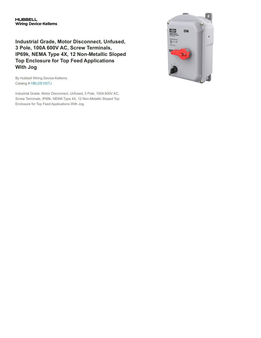 Hubbell Wiring Device-Kellems WDK_CA-HBLDS100TJ cut sheet — first page