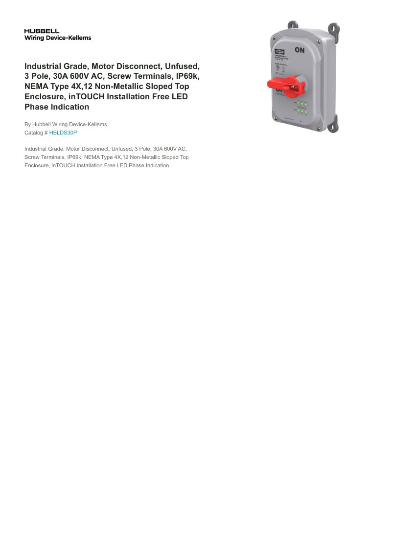 Hubbell Wiring Device-Kellems WDK_CA-HBLDS30P cut sheet — first page