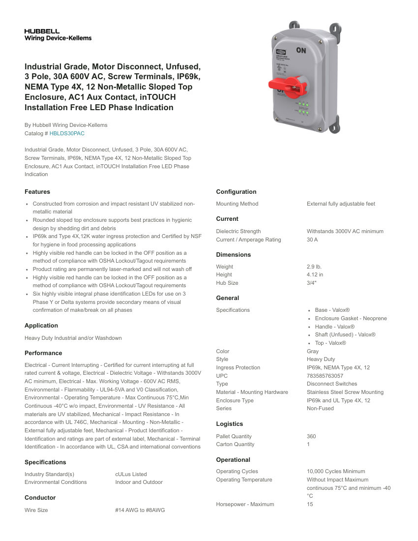 Hubbell Wiring Device-Kellems WDK_CA-HBLDS30PAC cut sheet — first page