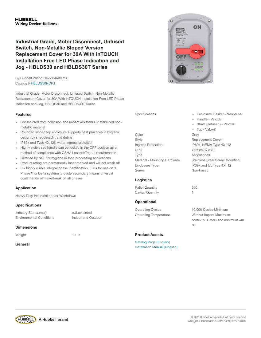 Hubbell Wiring Device-Kellems WDK_CA-HBLDS30RCPJ cut sheet — first page