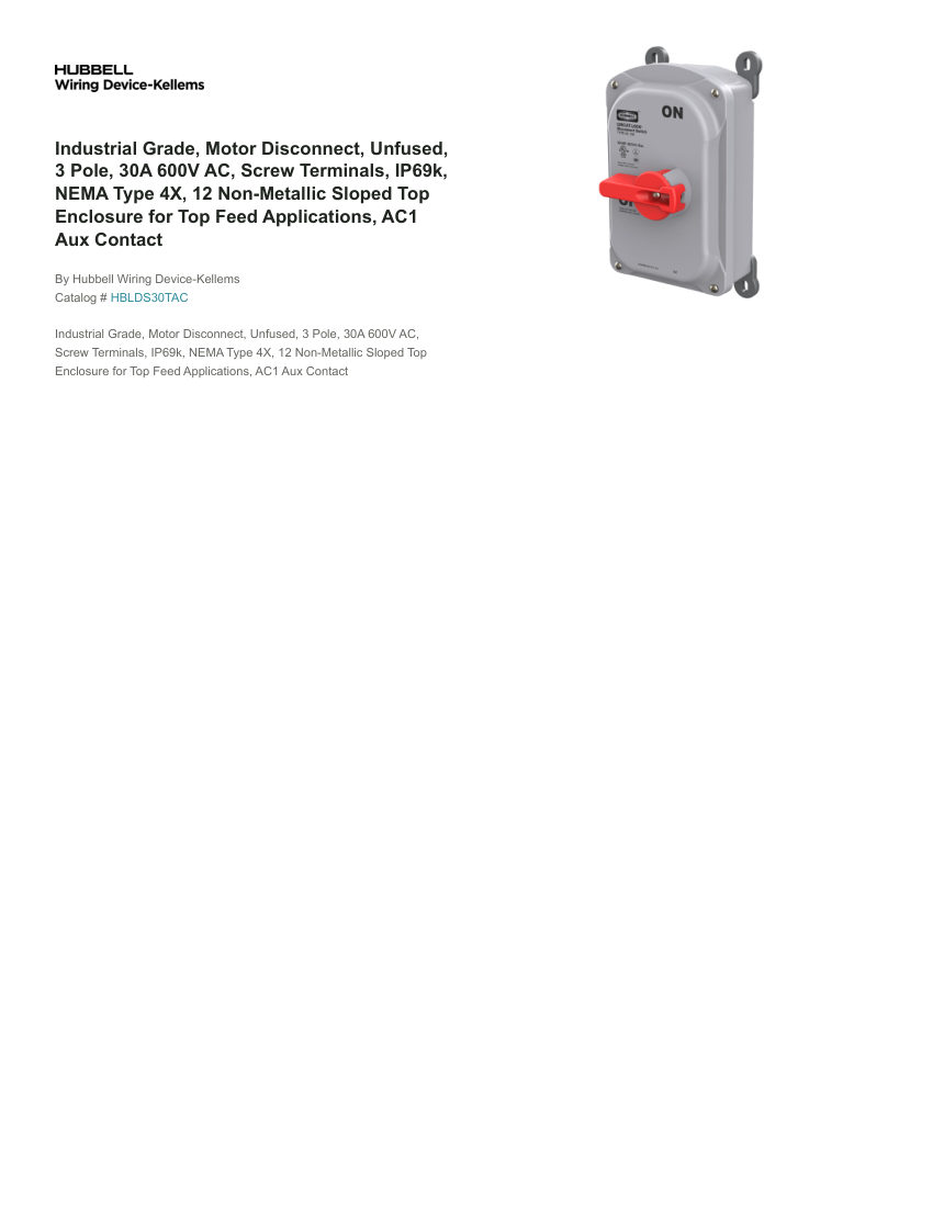 Hubbell Wiring Device-Kellems WDK_CA-HBLDS30TAC cut sheet — first page