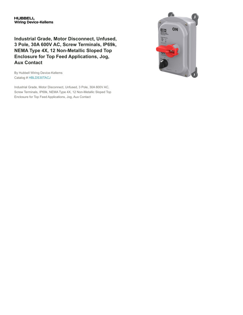 Hubbell Wiring Device-Kellems WDK_CA-HBLDS30TACJ cut sheet — first page