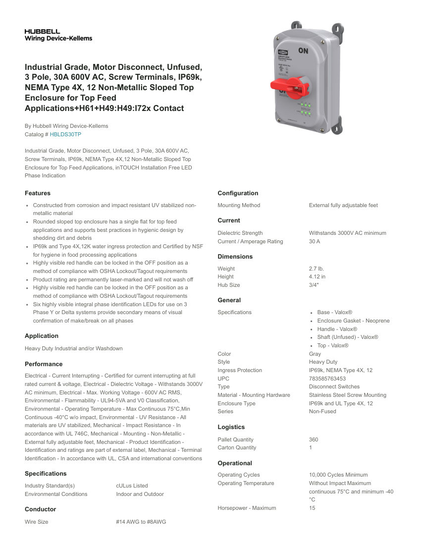 Hubbell Wiring Device-Kellems WDK_CA-HBLDS30TP cut sheet — first page
