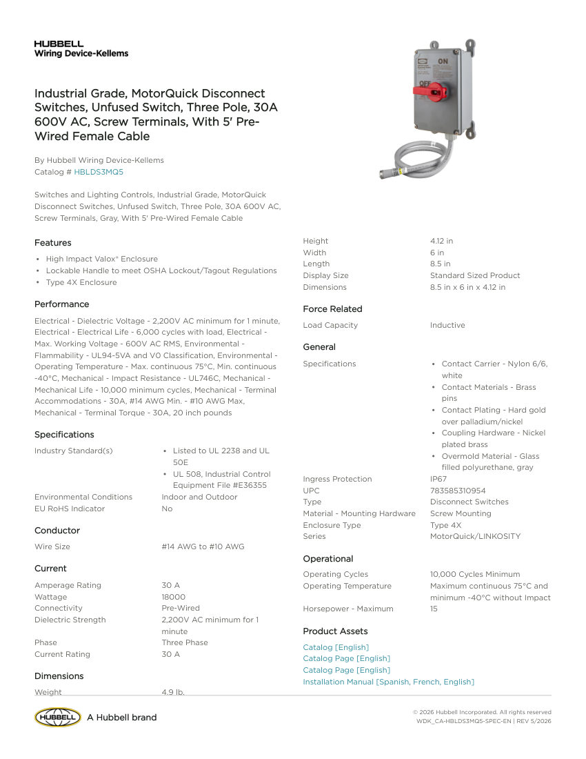 Hubbell Wiring Device-Kellems WDK_CA-HBLDS3MQ5 cut sheet — first page