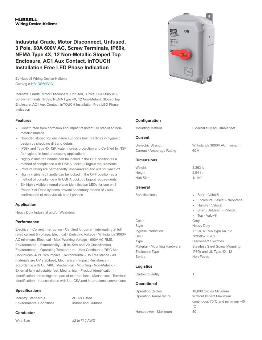 Hubbell Wiring Device-Kellems WDK_CA-HBLDS60PAC cut sheet — first page