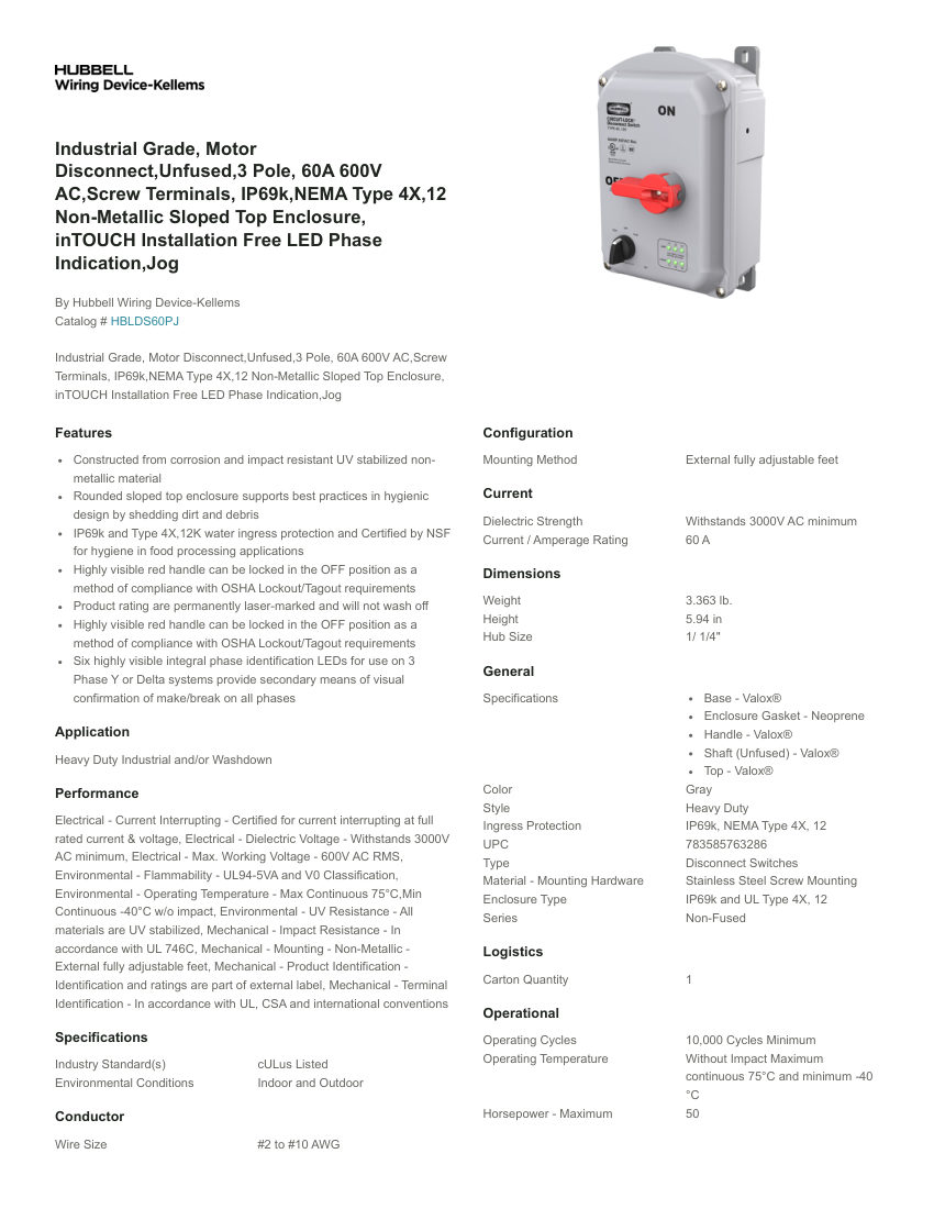 Hubbell Wiring Device-Kellems WDK_CA-HBLDS60PJ cut sheet — first page