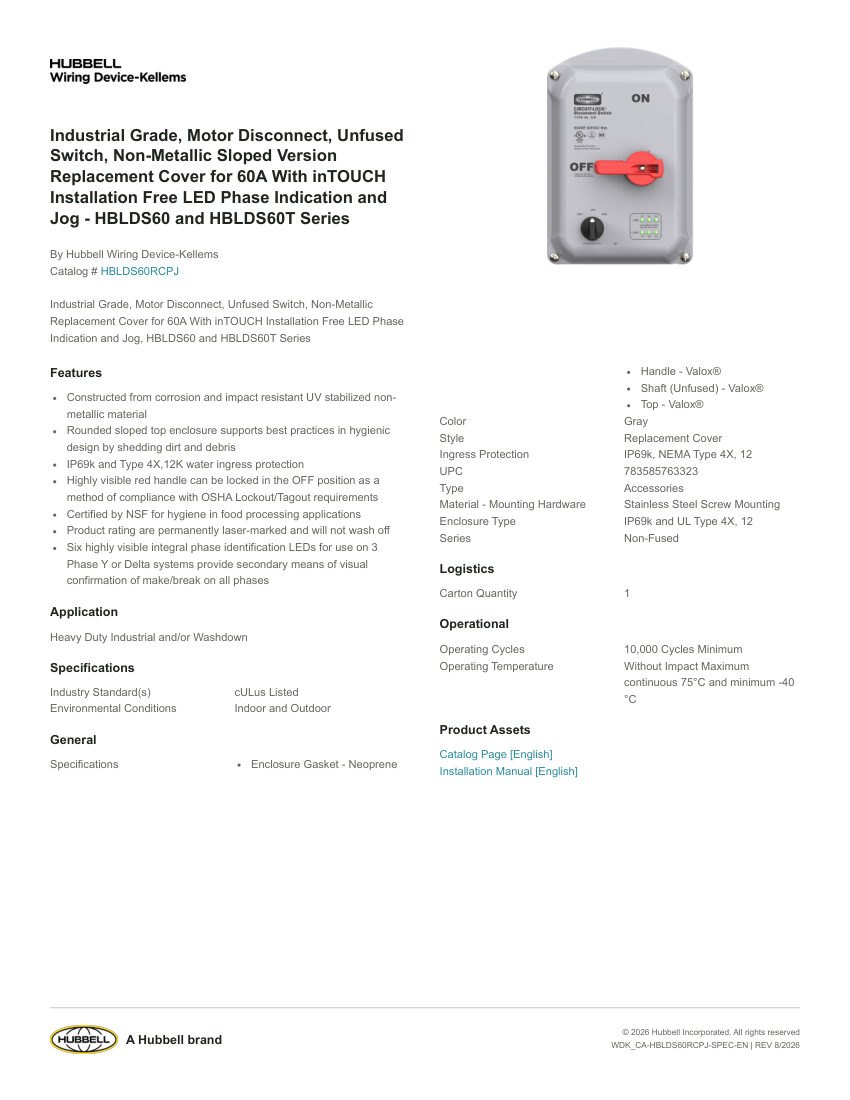 Hubbell Wiring Device-Kellems WDK_CA-HBLDS60RCPJ cut sheet — first page