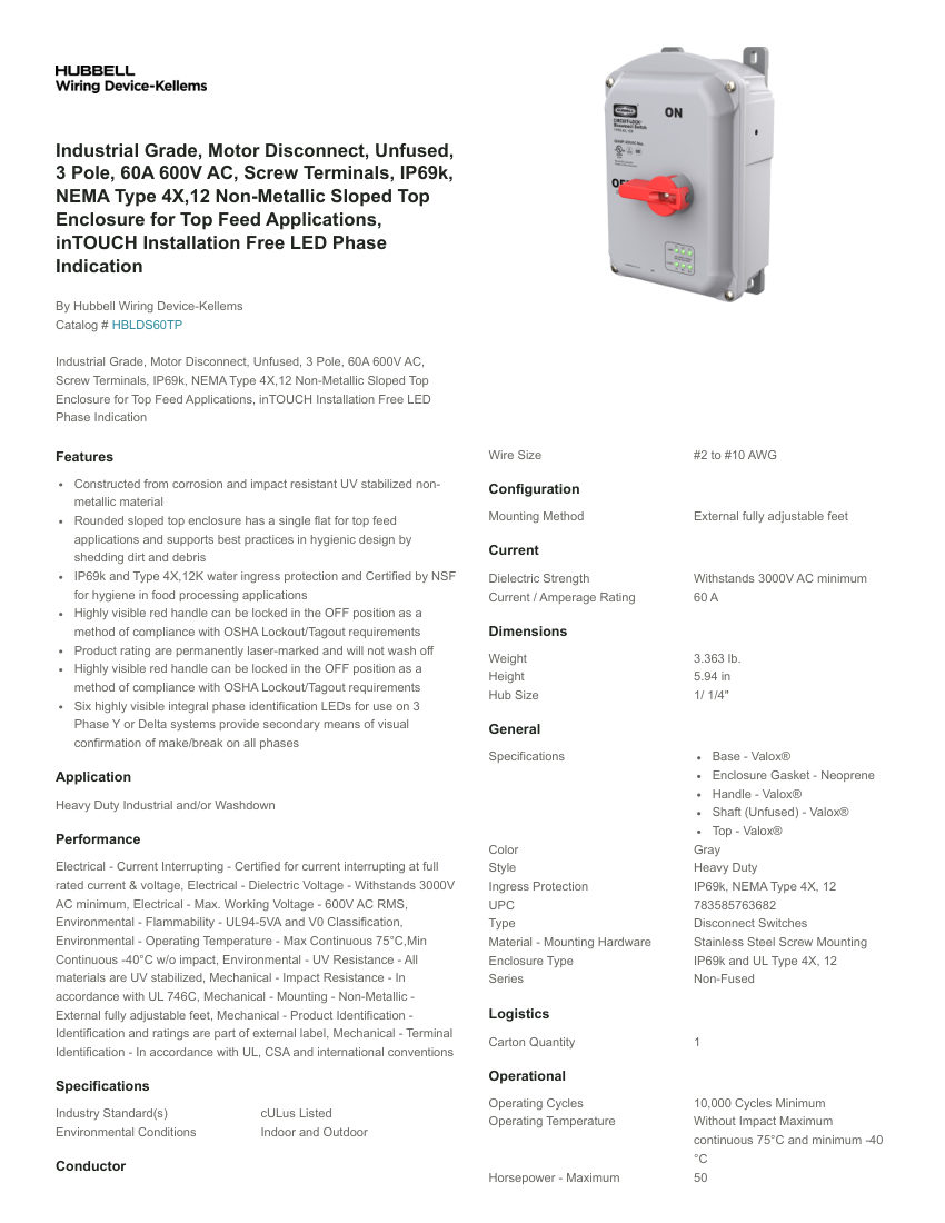 Hubbell Wiring Device-Kellems WDK_CA-HBLDS60TP cut sheet — first page