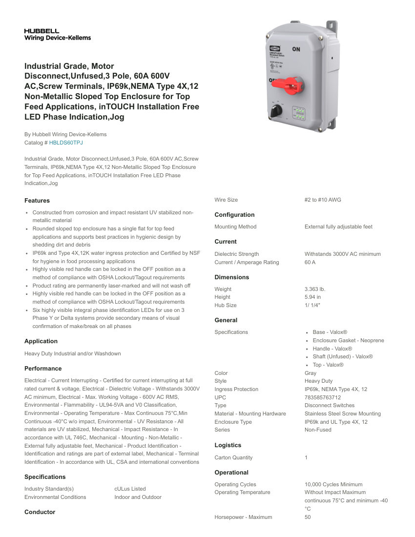 Hubbell Wiring Device-Kellems WDK_CA-HBLDS60TPJ cut sheet — first page