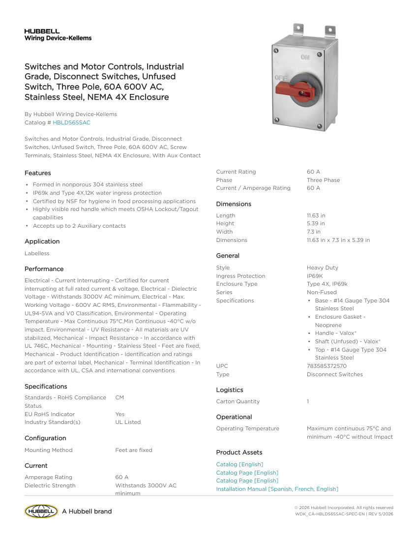 Hubbell Wiring Device-Kellems WDK_CA-HBLDS6SSAC cut sheet — first page