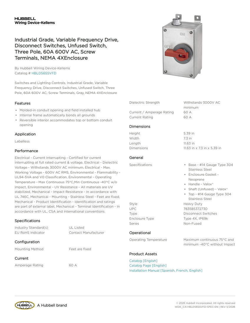 Hubbell Wiring Device-Kellems WDK_CA-HBLDS6SSVFD cut sheet — first page