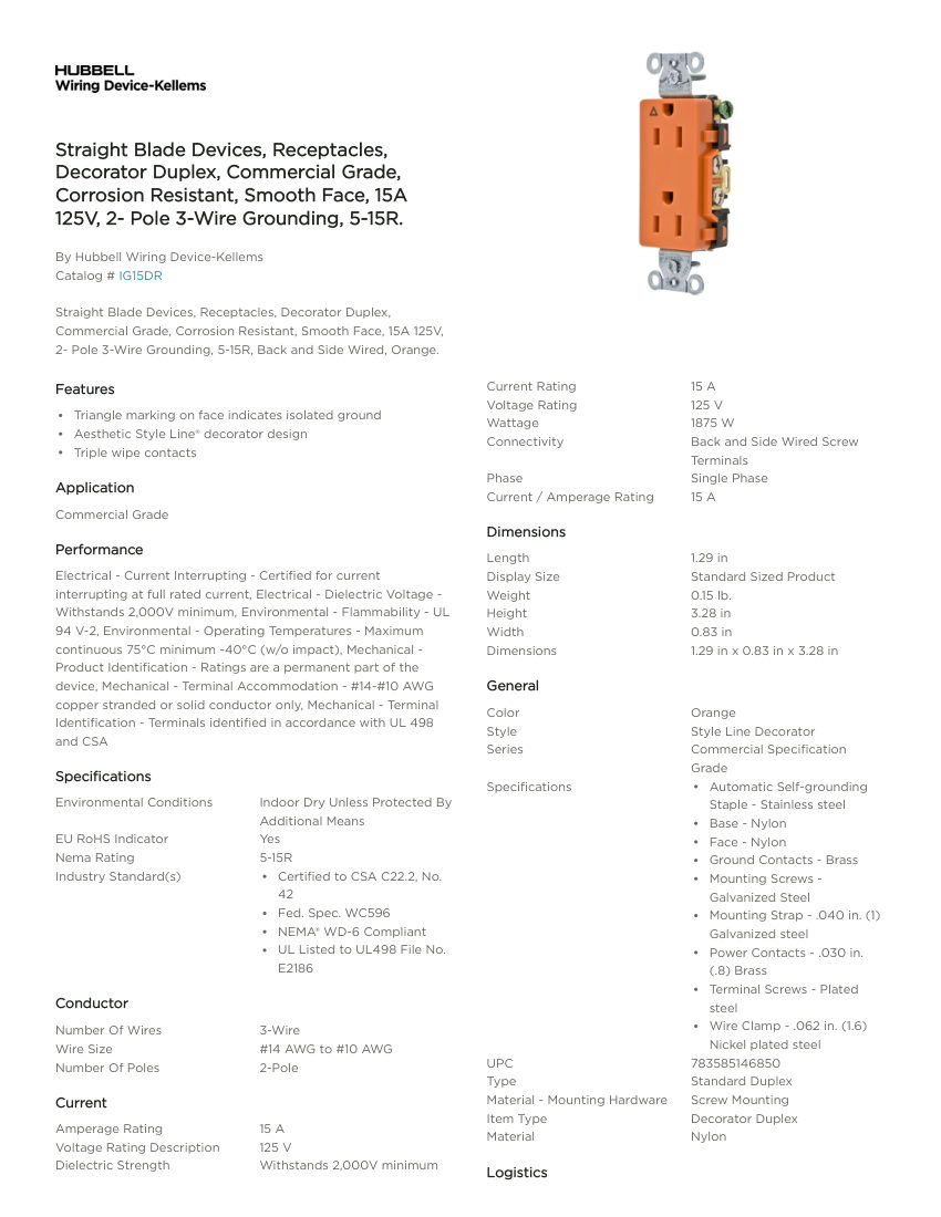 Hubbell Wiring Device-Kellems WDK_CA-IG15DR cut sheet — first page