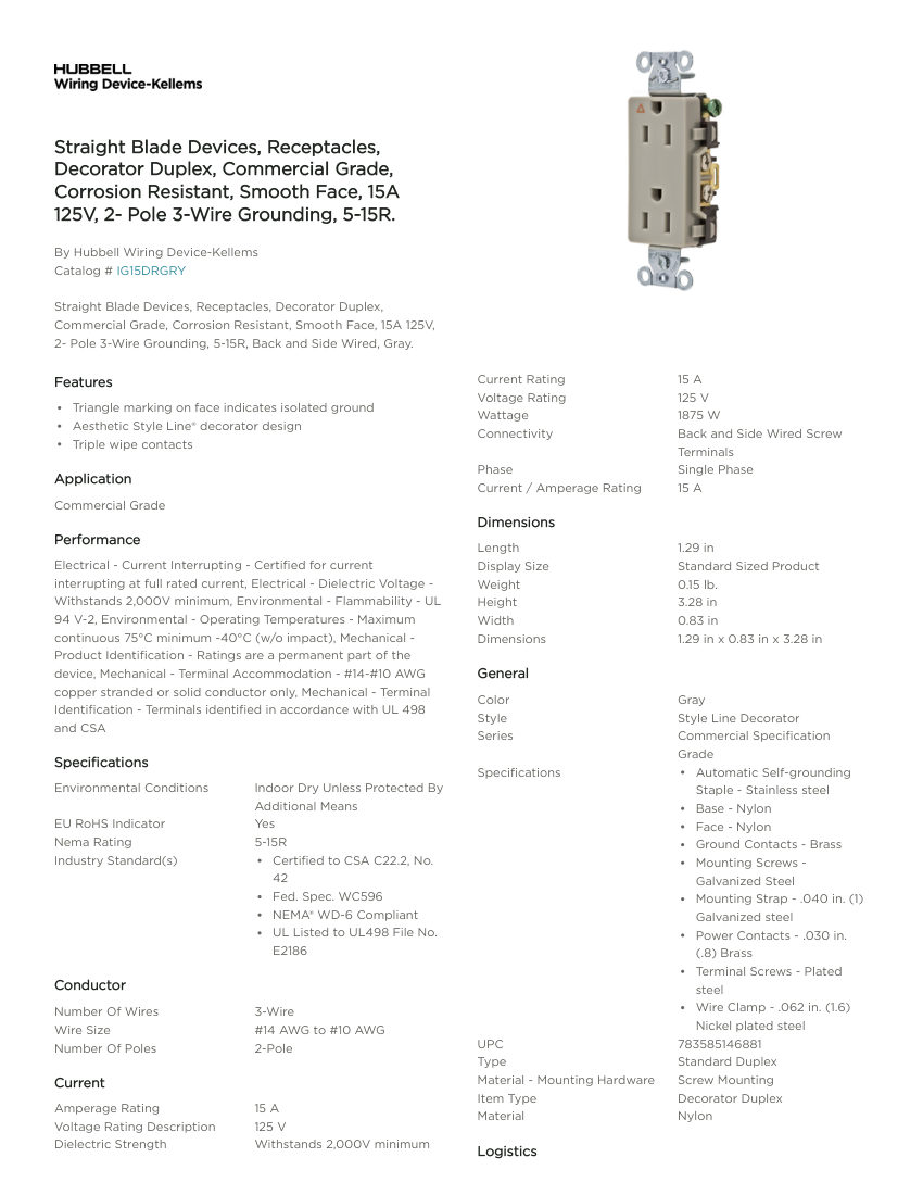 Hubbell Wiring Device-Kellems WDK_CA-IG15DRGRY cut sheet — first page