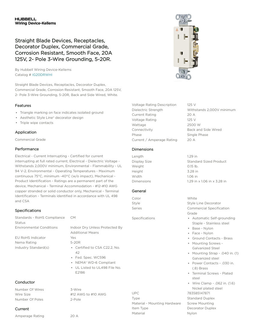 Hubbell Wiring Device-Kellems WDK_CA-IG20DRWHI cut sheet — first page