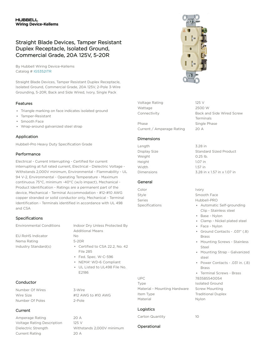 Hubbell Wiring Device-Kellems WDK_CA-IG5352ITR cut sheet — first page