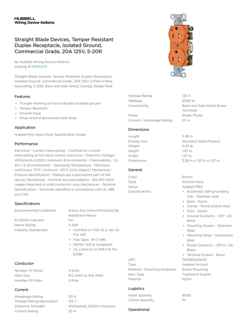 Hubbell Wiring Device-Kellems WDK_CA-IG5352TR cut sheet — first page