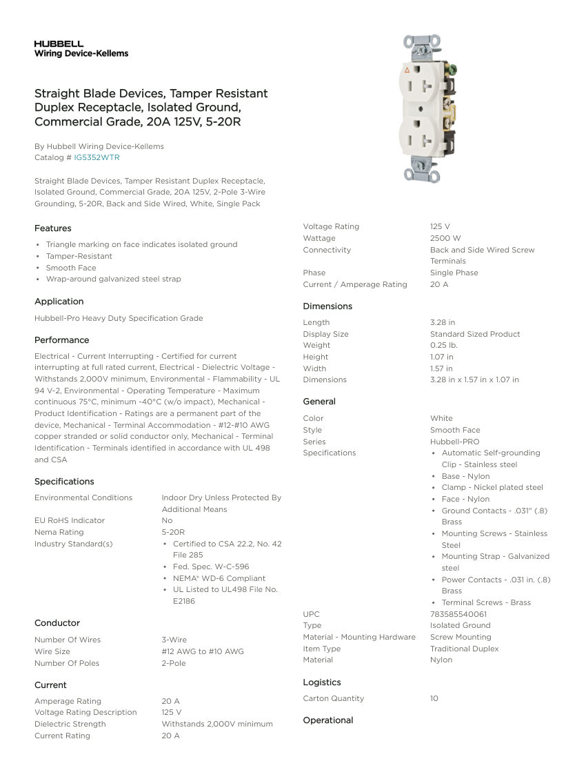 Hubbell Wiring Device-Kellems WDK_CA-IG5352WTR cut sheet — first page