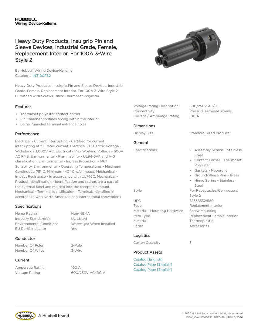 Hubbell Wiring Device-Kellems WDK_CA-IN3100FS2 cut sheet — first page