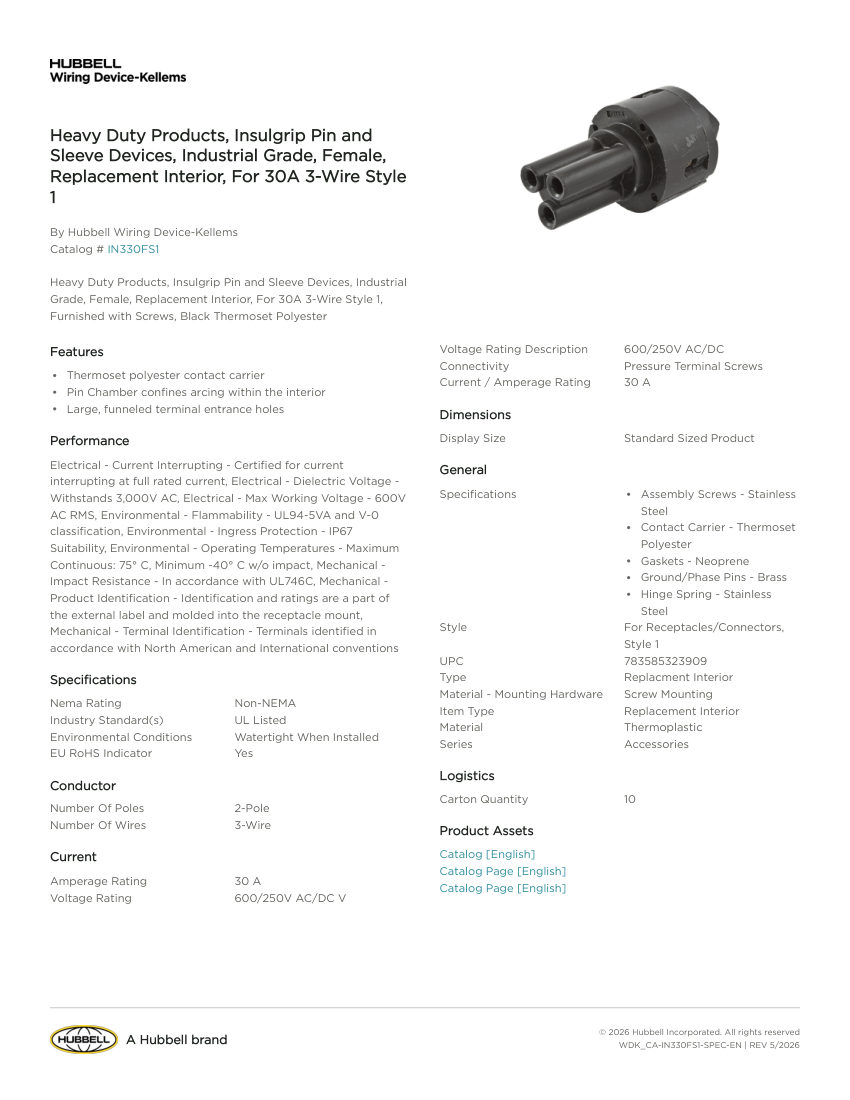 Hubbell Wiring Device-Kellems WDK_CA-IN330FS1 cut sheet — first page