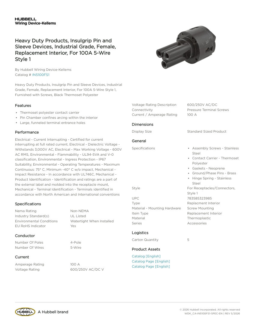 Hubbell Wiring Device-Kellems WDK_CA-IN5100FS1 cut sheet — first page