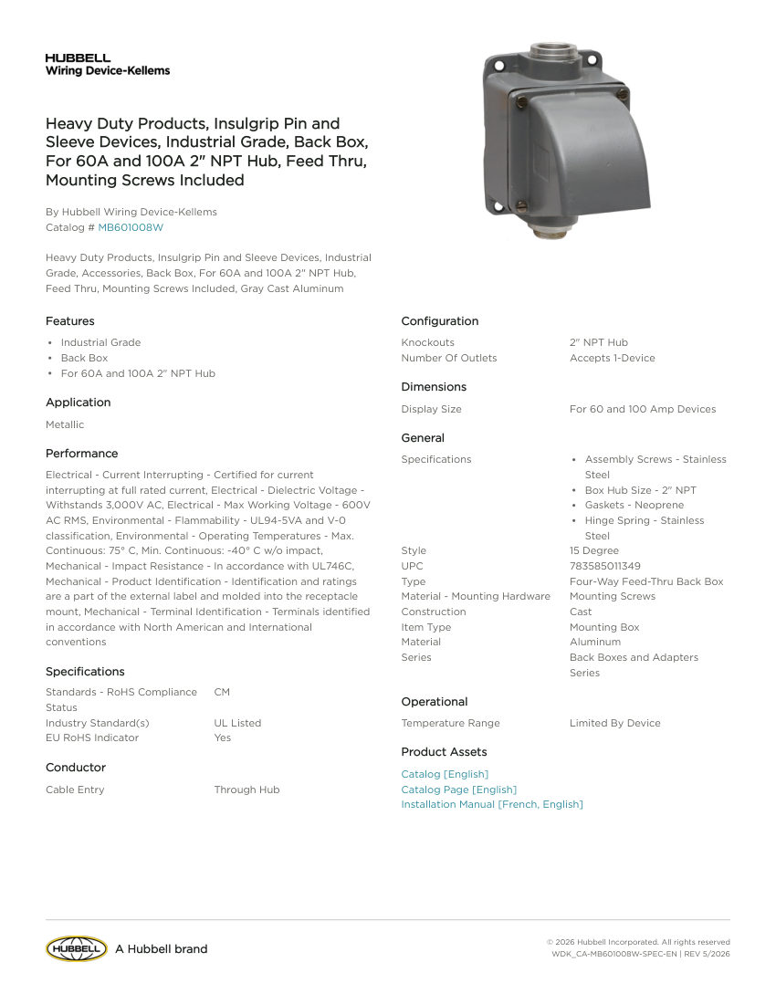 Hubbell Wiring Device-Kellems WDK_CA-MB601008W cut sheet — first page